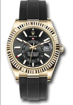 Replica Rolex Yellow Gold Sky-Dweller Watch 326238 Black Index Dial - Oysterflex Bracelet